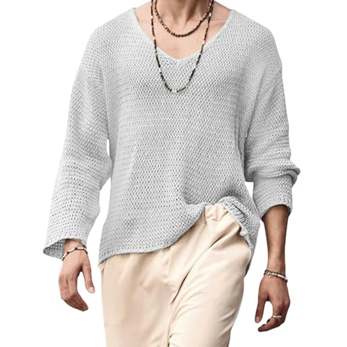 Mens V Neck Pullover Sweater Lightweight Long Sleeve Knit Sweaters Casual Solid Color Fall Jumper Tops