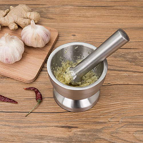 Image of HARIVAR Kitchen Food Tools Stainless Steel Manual Garlic Spice Tamping Rammer Mortar Pestle Mill Grinder Crushing Bowl Stainless Steel Mortar and Pestle Manually Grind Spices Garlic Press Nut Set