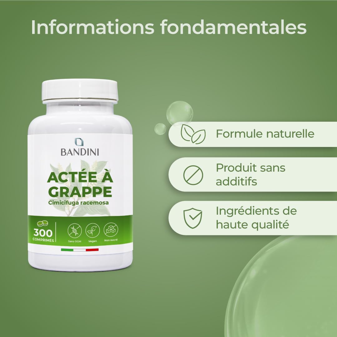 Bandini® Actée à grappe 300 comprimés | Cimicifuga racemosa ou Actaea racemosa rhizome extrait sec | Complément alimentaire Vegan | 300 mg par dose quotidienne | Supplément Naturel et Végétalien