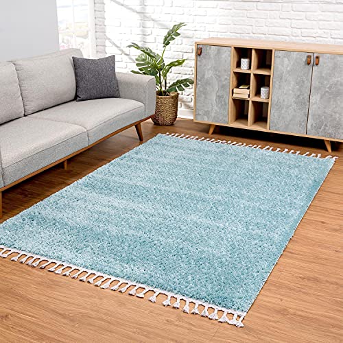 carpet city Shaggy Tapis de Salon à Poils Longs Bleu 160 x 230 cm Couleur Unie Tapis Moderne avec Franges