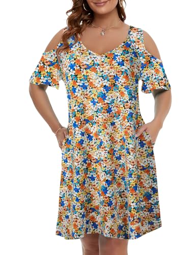 Image of JollieLovin Womens Plus Size Short Sleeve Cold Shoulder V Neck T-Shirt Dress with Pockets