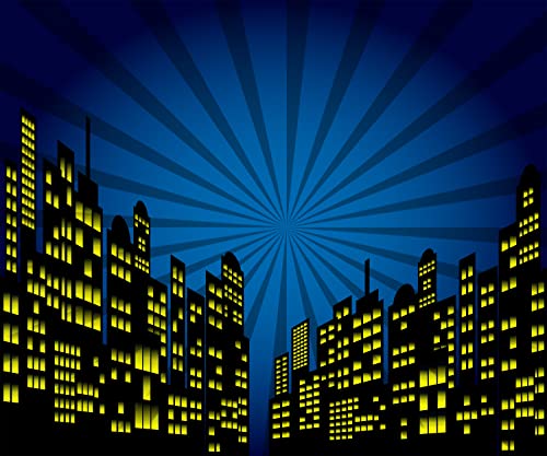 CORFOTO - CORFOTO 10x8ft Cartoon-Super-City-Hintergrund für Super-City-Motto-Partyzubehör, Stadt-Hintergrund, Geburtstagsbanner, städtische Nachtansicht, Boom-City-Gebäude, Kulissen, Super-City-Jungenporträts
