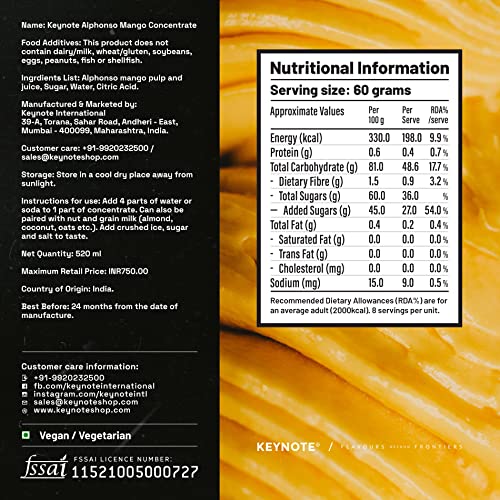 Image of KEYNOTE Alphonso Mango Concentrate | Real Ratnagiri Haapus Pulp | Sweetened | Glass Bottle 520 Ml, Liquid