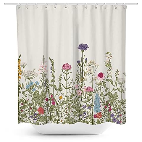 Coxila Wild Flower Shower Curtain Vintage Floral Green Herbs Retro Rustic Plants 60 x 72 Inch Polyester Fabric Waterproof 12 Pack Plastic Hooks Cover