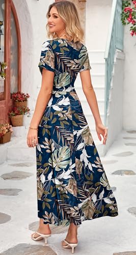 Image of WNEEDU Women's Summer Maxi Dress Short Sleeves Wrap V Neck Long Dresses with Pockets