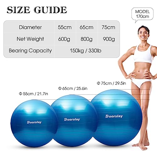 doorslay Anti-burst Yoga Ball- 55cm/65cm/75cm Stability Balance Ball Fitness Exercise Ball with Air Pump (75, Blue) - Image 2