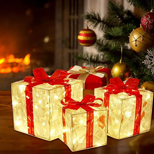 CUIKOSAER Christmas Lighted Gift Boxes, 1/3pcs Prelit 100 LED Light Up