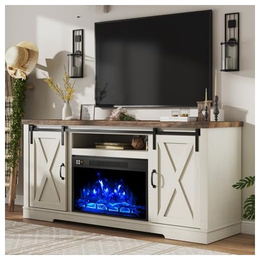 AMERLIFE Fireplace TV Stand with Sliding Barn Door for TVs up to 73", Farmhouse 63" Fireplace Entertainment Center with Storage Cabinets/Adjustable Shelves, Distressed White & Barnwood