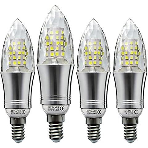 HZSANUE E14 LED Candle Bulbs 12W, 100W Incandescent Bulbs Equivalent, 6500K Daylight White Candelabra E14 SES Bulbs, Non-Dimmable, 1350Lm, LED Light Bulb, Small Edison Screw Candle Light Bulbs, 4-Pack Cover
