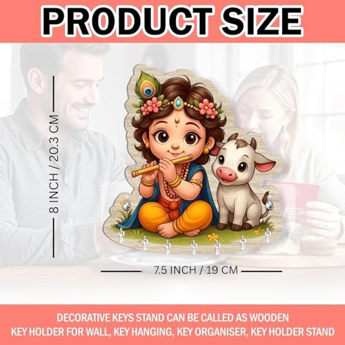 Image of CAPIO ART Bal Krishna Key Holder for Wall | Wooden Key Stand with Hooks | Home Decor Key Organizer for Easy Key Management & Aesthetic Entryway Display