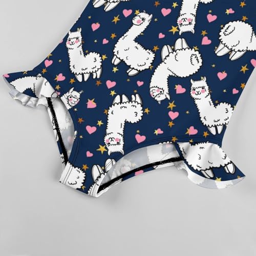 Image of Girls One Piece Swimsuit Cute Alpacas Hearts Stars Ruffles Swimwear Bathing Suits 3-12 Years