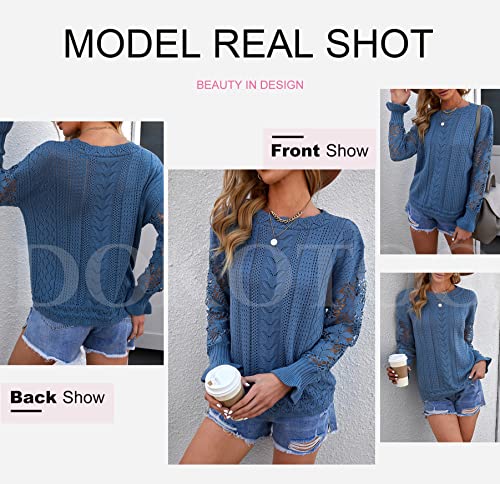 Image of Dokotoo Womens Crewneck Crochet Lace Long Sleeve Hollow Out Cable Knit Sweaters Pullover Tops