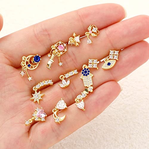 Junkin 18 Pcs 20g Nose Rings Dangle for Women Nose Piercings L Shaped Stud Hoop Cute Star Heart Round Jewelry Dangle Studs Rings for Mother Wife Friend Gifts(Gold)3