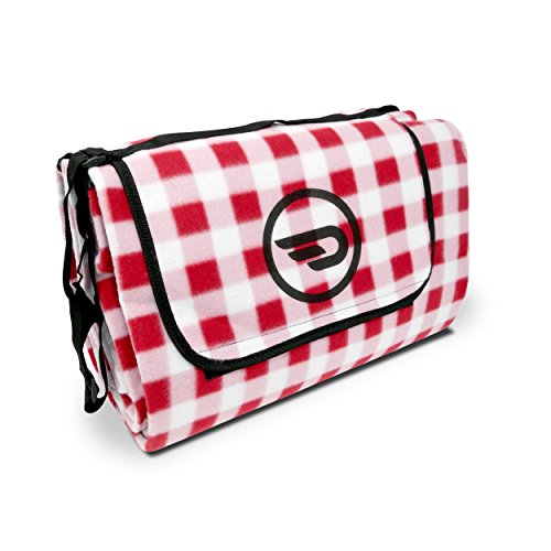 Luxamel Danura Picknickdecke Outdoor Fleece XXL wärmeisoliert wasserdicht mit praktischem Tragegriff 200x175cm (rot/weiß)