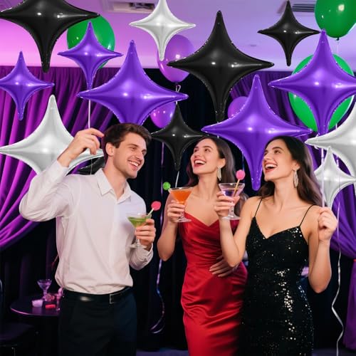 Image of Black Purple Silver Star Balloons,12Pcs Four Angle Star Foil Balloons