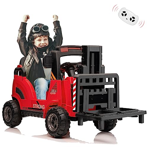 Garvee 12V Electric Ride on Forklift Car with Remote Control, Ride on Car with Liftable Fork and Pallet, High/Low Variable Speed, Music, USB, MP3, and Low-Power Alarm for Boys and Girls(No Tent,Red)