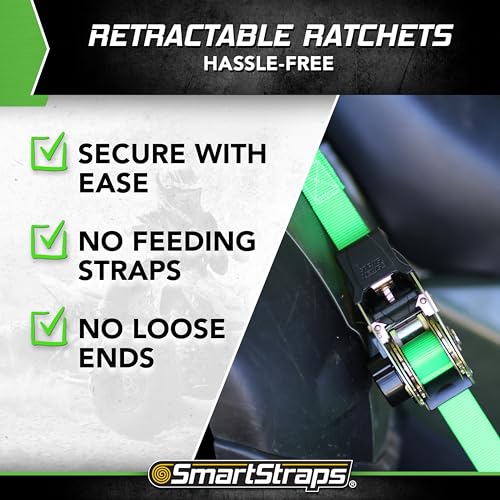 Image of SMARTSTRAPS Retractable Ratchet Tie Down Straps (4 PK) 1,500lb Break Strength, 500lb Safe Work Load, Standard Duty, Secure and Haul ATVs, Lawn Tractors, Cargo, Boxes and Other Small Equipment