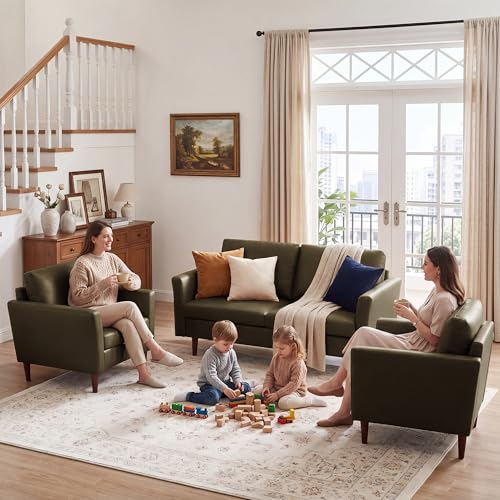 Image of Kingfun 3 Piece Living Room Furniture Sets, Loveseat and 2 Armchair, Faux Leather Couch Set, Mid Century Modern Sofa Set with Solid Wood Frame for Living Room, Office, Olive Green
