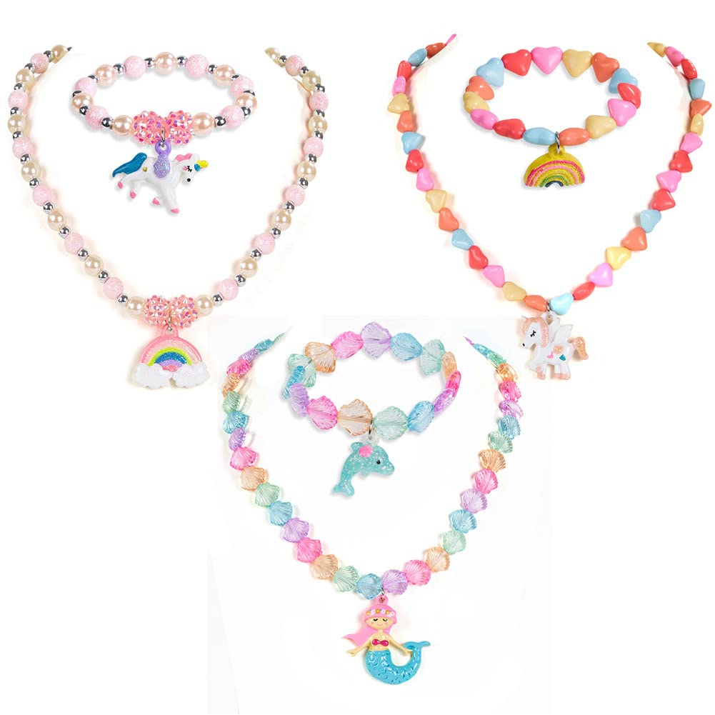 Maelovebunny Girl Necklace, Princess Unicorn Mermaid Necklace Bracelet, Colorful Kids Jewelry Kids Stretchy Bracelets, Toddlers Jewelry, Gift Party Favors Dress up Jewelry Set for Little Girl Toddler