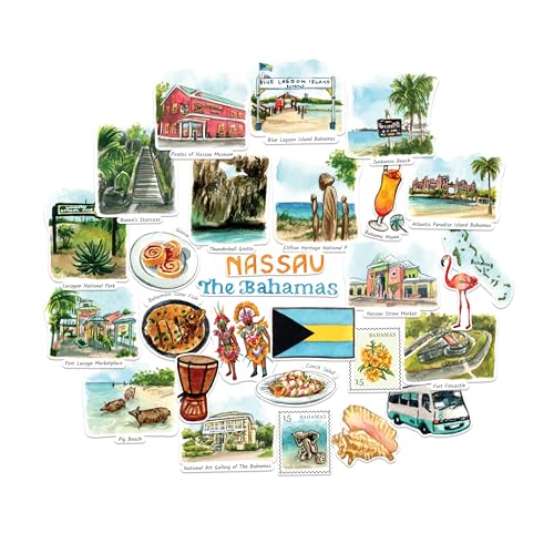 Navy Peony Autocollants de voyage « Bonheur des Bahamas » (28 pièces) – Décalcomanies peintes à la main, tropicales et caribéennes à thème bahaméen pour journaux, albums, bagages
