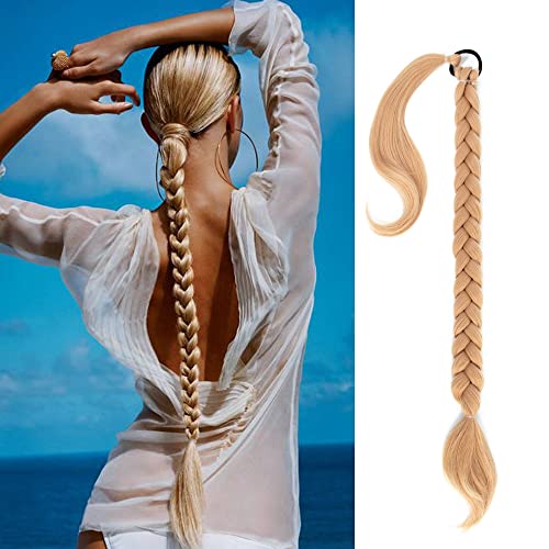 QIAORUIXIN 30 Inch Long Braided Ponytail Extension for Women with Hair Band Elastic Rubber Straight Wrap Around Hair Ext