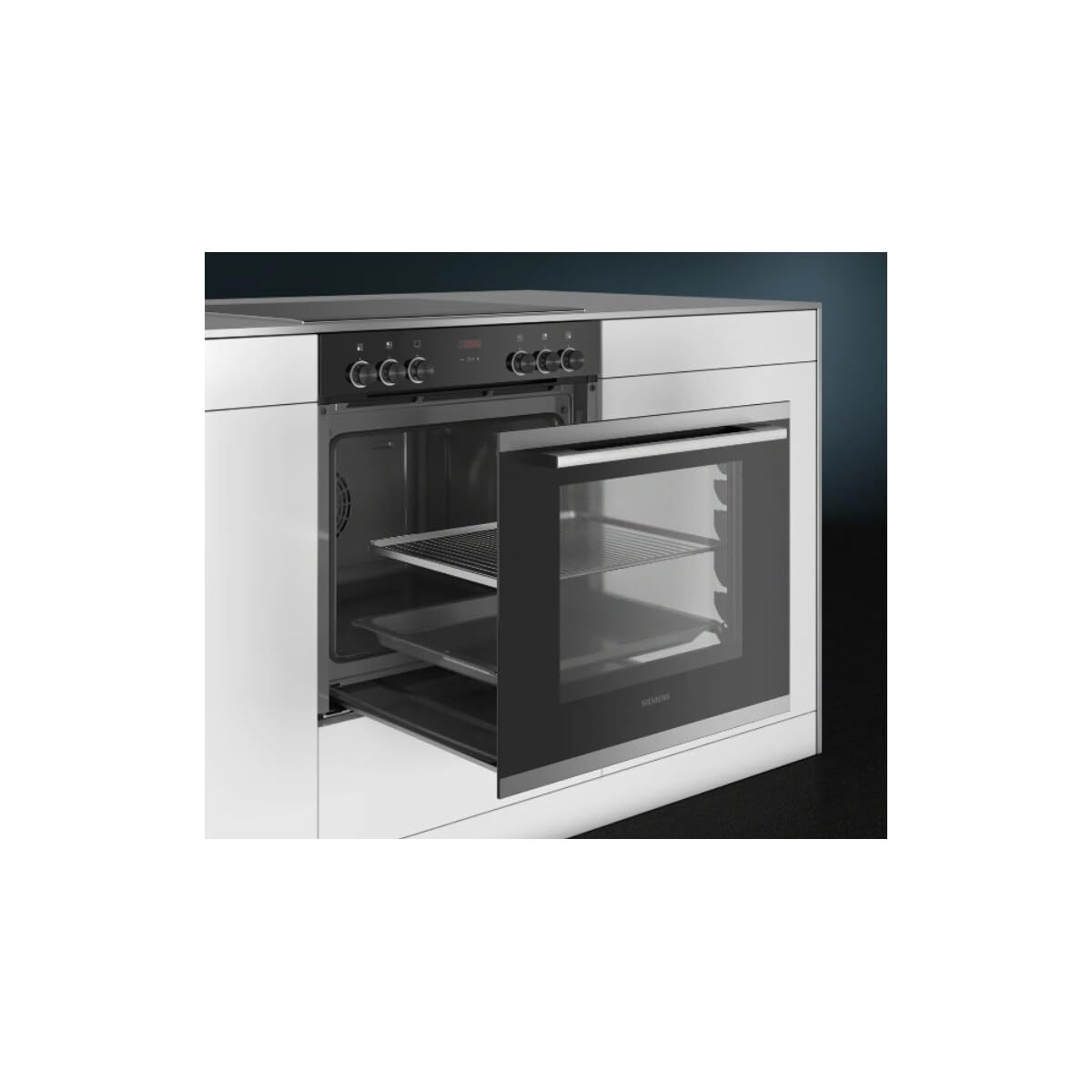 Siemens EQ211KB10 iQ300 Herd-Glaskeramik-Kochfeld-Kombination (herdgesteuert), Schnellaufheizung, 3D-Heißluft Plus Backen auf 3 Ebenen, Backwagen, 59,4 cm breit