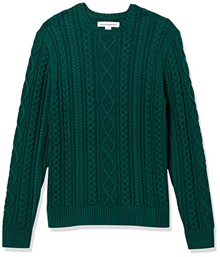 Amazon Essentials Pull Ras-du-Cou Torsadé, Type Côtes Anglaises, à Manches Longues, 100% Coton Homme, Vert Foncé, M