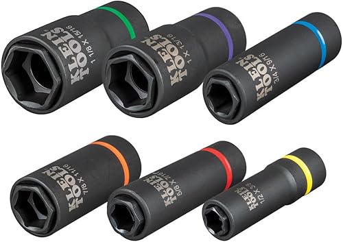 Miniatura 8 de Klein Tools 66060 Juego de llaves de impacto 2 en 1, juego de herramientas de 6 piezas con enchufes profundos de 6 puntos con unidad de 1/2 pulgada,