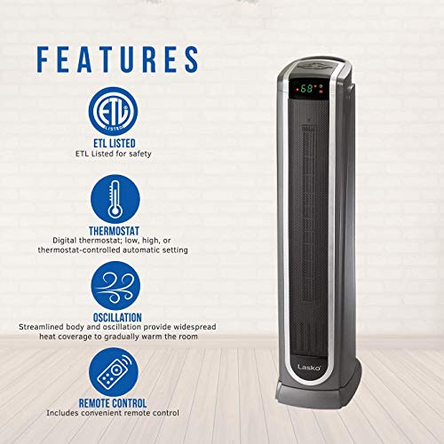 Lasko Ceramic Tower Space Heater With Logic Center Digital Remote Control-Features Built-In Timer And Oscillation, 7.3″L X 9.2″W X 29.75″H, Black 5572 #TOP1