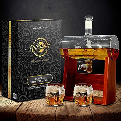 Nutrichef Glass Whiskey Decanter With Glasses -1100Ml Barrel Whiskey Carafe Alcohol Decanter Set, Decanter W/ Spigot, Stopper & Base, For Brandy Wine Cognac Rum Gin Scotch Bourbon - Nutrichef #TOP6