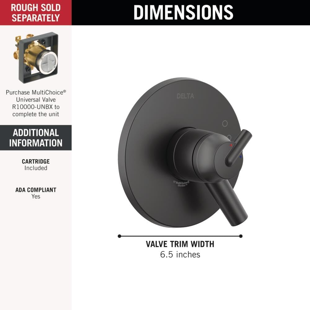 Diagram showing rough-in valve sold separately and trim kit dimensions
