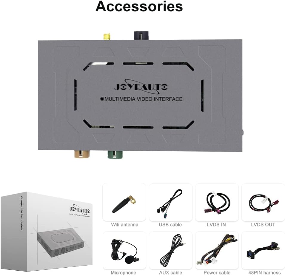 Image showing the JOYEAUTO Multimedia Video Interface unit and various accessories including Wifi antenna, USB cable, LVDS IN, LVDS OUT, Microphone, AUX cable, Power cable, and 48PIN harness.