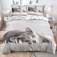 Dekbedovertrek voor tweepersoonsbed 135 x 200 cm, 3D, beddengoedset voor schattige katten, 3-delig, inclusief 1 dekbedovertrek en 2 kussenslopen 50 x 75 cm (A, 135x200cm