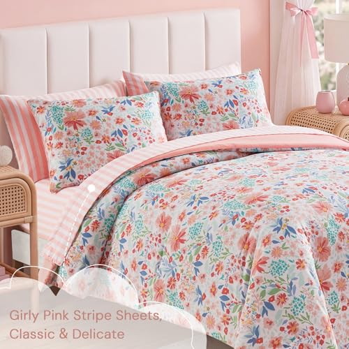 Image of Full Size Comforter Set for Girls Pink Floral Garden 7 Pieces Bed in a Bag