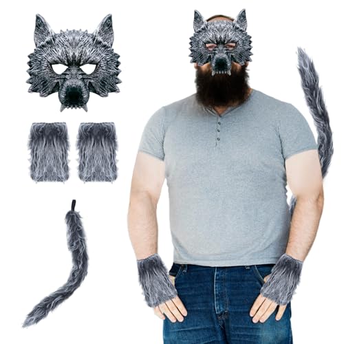 M&G House Werewolf Mask Costume Set Mask, Gloves, and Tails Halloween Dress-Up Headband Costume Big Bad Wolf Ears Headband Cosplay Kit
