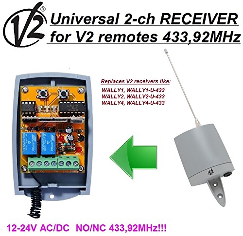 V2 wally1/Wally2/wally4 Compatible Receptor. Universal de 2 canales receptor para V2 PHOENIX, PHOX, práctico, TSC, CVR, TXC mandos a distancia. 12  24 V AC/DC