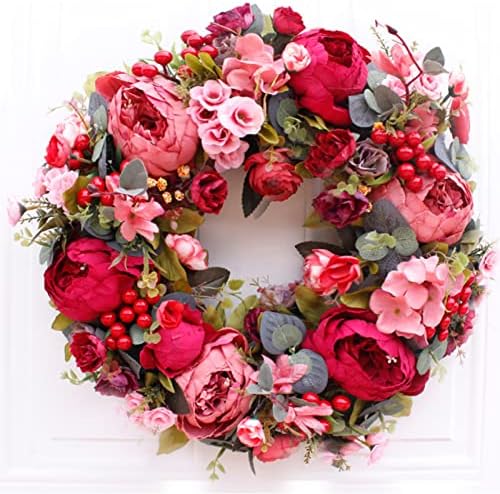 Peony Flower Wreath for Front Door 16inch Red Artificial Valentine’s Day Floral Welcome Wreath with Green Leaves Spring Summer Garland for Door Window Wedding Wall Party Home Decor