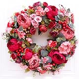Artificial Peony Flower Wreath for Front Door 16inch Red Floral Welcome Wreath with Green Leaves Spr