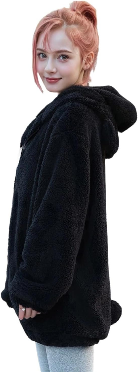 Fluffy Bear Hoodie with Ears for Women Fuzzy Bunny Ear Hoodie Kawaii Bear Sweater Jacket Warm Plush Sweatshirt - Image 8