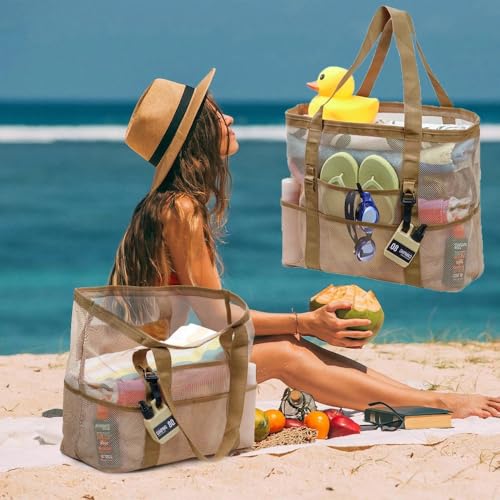 Outdoor Leisure Mesh Beach Bag, Large Capacity Polyester Hand Tote with Multi Pocket Design for Toys and Accessories Storage ﻿2