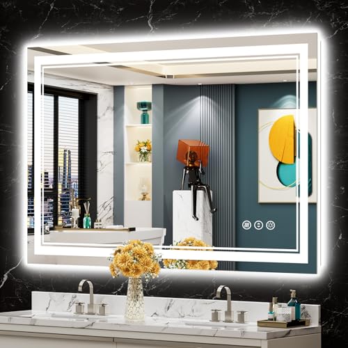 Image of 48x32 LED Bathroom Mirror with Lights, Backlit and Front Lit Anti-Fog Lighted Vanity Mirrors for Bathroom Wall, Dimmable, 3-Color Light, Memory, Shatter-Proof, HD Tempered Glass, CRI>90