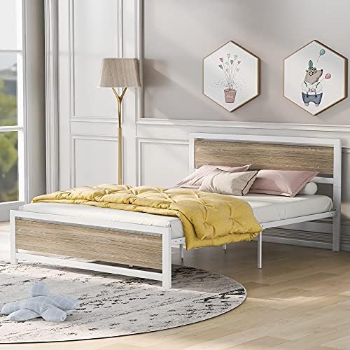 Polibi Queen Size Platform Bed, Metal and Wood Bed Frame with Headboard and Footboard, No Box Spring Needed (White, Queen)