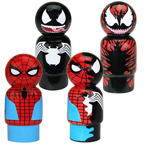 Bif Bang Pow! Spider-Man, Venom, Dual Spider-Man & Carnage Pin Mate Wooden Figure Set of 4 Collectible, 2