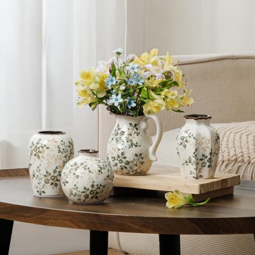 Image of Green Vintage Vase, Chinoiserie Floral Vase, Retro Ice Cracked Ceramic Large Vases for Home Decor, Living Room, Bookshelf, Office, Grand Millennial Decors (20-Green and Beige)