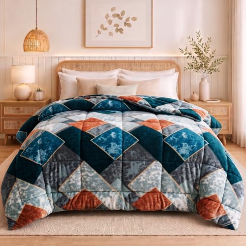 Image of SANMARINO Luxury Flannel Quilted Comforter for Double Bed | Ultra Soft Plush Razai with Modern Geometric Design | Fuffly, Cozy All Season Blanket for Mild & Heavy Winter |220x230 cm,Navy Blue & Rust