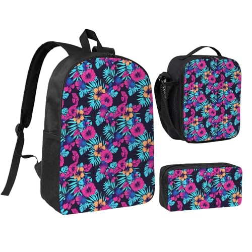 Tropical Hawaii Neon Palm Leav 17 Inch Backpack Sets Lunch Bag Lightweight Daypack for Men Women 3Pcs