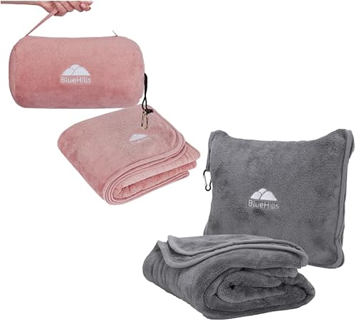 BlueHills Almohadas largas y enrolladas de manta de viaje para dos aviones esenciales de viaje, mantas de vuelo en estuche de bolsa con clip para