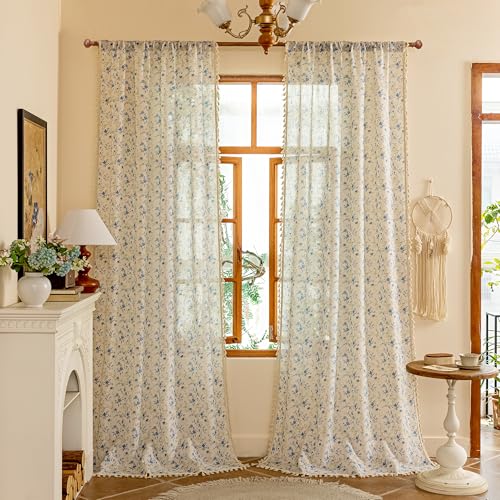 Image of MYSKY HOME Floral Boho Linen Curtains 96 Inches Length 2 Panels Set Blue Flower Patterned Semi Sheer Spring Vintage Farmhouse Window Curtains with Tassel Beige Back Tab Dining Room, W50, Blue,