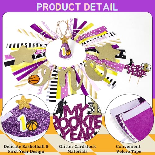 Image of Basketball Highchair Banner for First Birthday Party Decorations | My 1st Rookie Year Basketball Banner for Boys Purple Gold High Chair Fabric Banner for One Birthday Backdrop Decorations