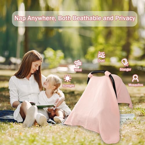 Image of Hooyax 2-in-1 Baby Car Seat Cover & Nursing Cover, 100% Muslin Cotton, Breathable Car Seat Canopy and Privacy Breastfeeding Cover, Pink